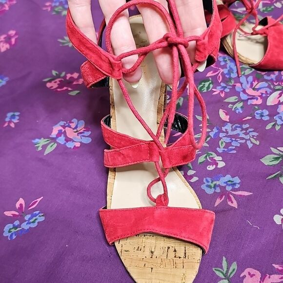 NEW Nicole Miller Artelier 8.5 Tate Red Lace Up Suede Strappy Heels Cork - Picture 3 of 10